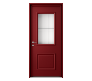 Porte d'entrée couleur bordeaux avec décor vitré | Menuiseries Bouvet