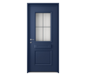 Porte d'entrée bleu marine avec poignée de tirage et détails décoratifs | Menuiseries Bouvet