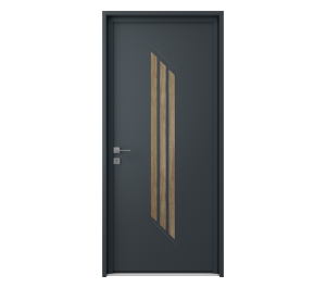 Porte d'entrée grise avec décor effet bois | Menuiseries Bouvet