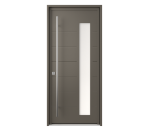 Porte d'entrée taupe avec barre de tirage, liserés et grand rectangle vitré | Menuiseries Bouvet
