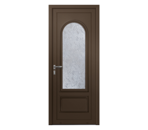 Porte d'entrée marron avec grand surface vitrée arrondie sur le haut | Menuiseries Bouvet