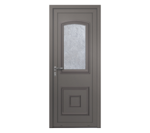 Porte d'entrée grise avec une partie vitrée prenant la moitié de la porte depuis la partie haute | Menuiseries Bouvet
