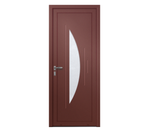 Porte d'entrée rouge foncée avec décor vitré en demi-lune | Menuiseries Bouvet