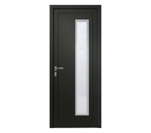 Porte d'entrée grise foncée avec partie rectangulaire verticale vitrée | Menuiseries Bouvet