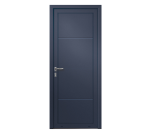 Porte d'entrée bleue marine avec lignes horizontales en inox | Menuiseries Bouvet