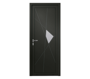 Porte d'entrée noire avec plusieurs lignes obliques et un triangle vitré | Menuiseries Bouvet