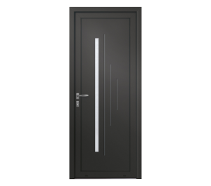 Porte d'entrée noire avec petite partie rectangulaire horizontale vitrée et décoration inox | Menuiseries Bouvet