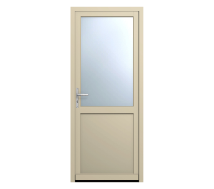 Porte d'entrée beige avec grand partie vitrée depuis le haut | Menuiseries Bouvet