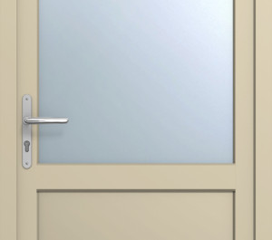 Porte d'entrée beige avec grand partie vitrée depuis le haut | Menuiseries Bouvet