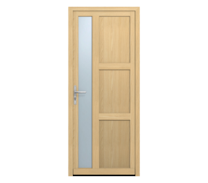 Porte d'entrée en bois clair avec rectangle vertical vitré ainsi que 3 carrés pleins en bois | Menuiseries Bouvet