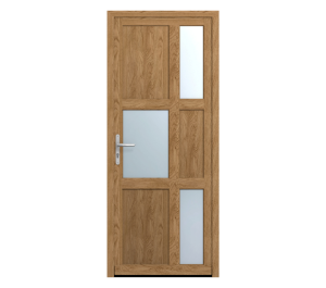Porte d'entrée bois foncée avec formes géométriques vitrées et pleines | Menuiseries Bouvet