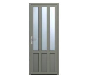 Porte d'entrée grise avec 3 rectangles vitrées sur la quasi totalité de la porte | Menuiseries Bouvet