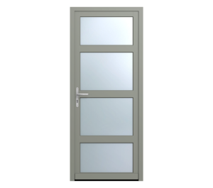 Porte d'entrée grise avec 4 grands rectangles vitrées | Menuiseries Bouvet