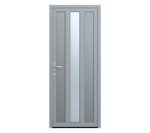 Porte d'entrée grise avec rectangles pleins et rectangles vitrés | Menuiseries Bouvet