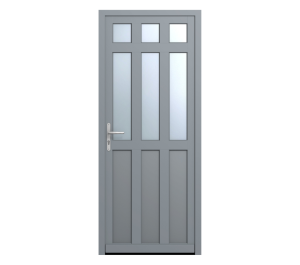 Porte d'entrée grise avec 3 carrés vitrées et formes rectangulaires sur la porte | Menuiseries Bouvet