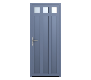 Porte d'entrée dans les tons bleus avec 3 petits carrés vitrés ainsi que décor formes géométriques | Menuiseries Bouvet