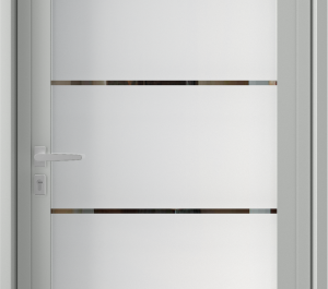 Porte d'entrée vitrée opaque avec 4 lignes verticales transparentes | Menuiseries Bouvet