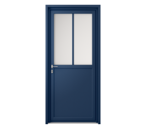 Porte d'entrée bleu marine avec panneau plein en partie basse et 2 parois vitrées en partie haute | Menuiseries Bouvet