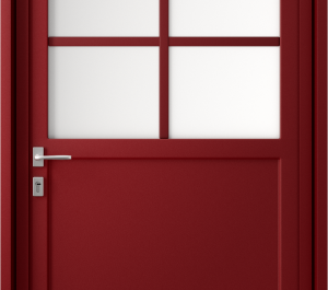 Porte d'entrée couleur rouge avec petits bois sur la partie vitrée | Menuiseries Bouvet