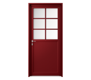 Porte d'entrée couleur rouge avec petits bois sur la partie vitrée | Menuiseries Bouvet