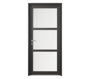 Porte d'entrée grise moderne avec 3 grand rectangles vitrés | Menuiseries Bouvet