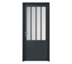 Porte d'entrée grise avec panneau plein en bas de page et paroi vitrée divisée en 4 parties | Menuiseries Bouvet