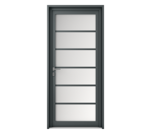 Porte d'entrée grise avec 6 grands rectangles vitrés le long de la porte | Menuiseries Bouvet