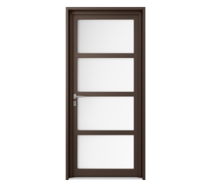 Porte d'entrée marron avec 4 grands rectangles vitrés | Menuiseries Bouvet
