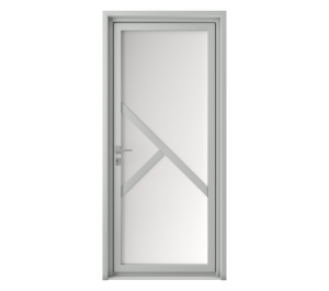 Porte d'entrée claire toute vitrée décorée avec 3 lignes formant un design asymétrique | Menuiseries Bouvet