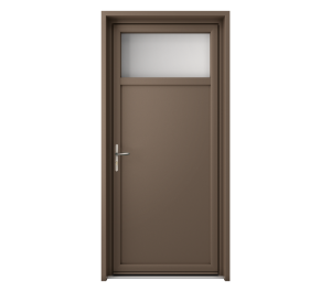 Porte marron avec imposte vitrée en partie haute | Menuiseries Bouvet
