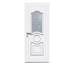 Porte d'entrée blanche avec décor mouluré et partie vitrée | Menuiseries Bouvet