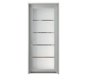 Porte d'entrée vitrée opaque avec 4 lignes verticales transparentes | Menuiseries Bouvet