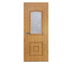 Porte d'entrée bois avec partie vitrée sur le haut et moulures décoratives | Menuiseries Bouvet
