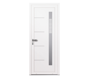 Porte blanche avec décorations grises en inox | Menuiseries Bouvet