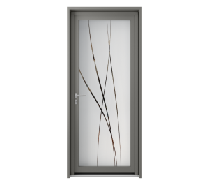 Porte d'entrée vitrée avec lignes fines en décoration du haut jusqu'au bas de la fenêtre | Menuiseries Bouvet