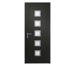 Porte d'entrée foncée avec 5 inserts carrés au centre et placés horizontalement | Menuiseries Bouvet