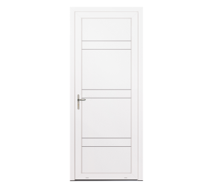 Porte d'entrée blanche avec 6 traits décoratifs | Menuiseries Bouvet