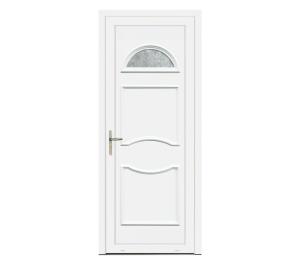 Porte d'entrée blanche avec moulures et insert en demi-lune vitré | Menuiseries Bouvet