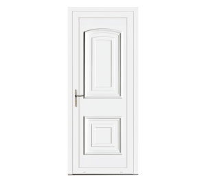 Porte d'entrée blanche très classique avec des décors communs à d'autres portes | Menuiseries Bouvet