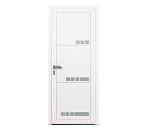 Porte d'entrée blanche avec décor petits carrés | Menuiseries Bouvet