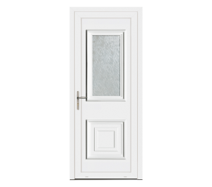 Porte d'entrée blanche avec partie rectangle vitrée et décor mouluré | Menuiseries Bouvet