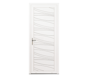 Porte d'entrée blanche avec une décoration composé d'une multitudes de traits | Menuiseries Bouvet