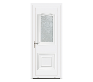 Porte d'entrée blanche au style classique avec insert vitré et décorations moulures | Menuiseries Bouvet