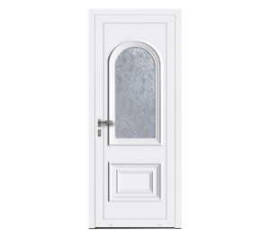 Porte d'entrée blanche avec grande surface vitrée courbée et quelques détails moulurés | Menuiseries Bouvet