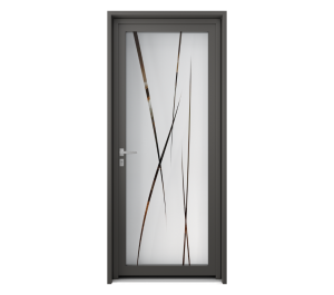 Porte d'entrée vitrée contour gris avec lignes courbées en décoration | Menuiseries Bouvet
