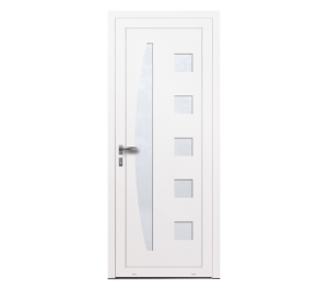 Porte d'entrée grise avec demi-lune vitrée ainsi que 5 carrés | Menuiseries Bouvet