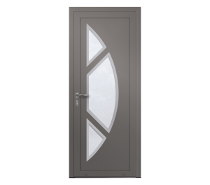 Porte d'entrée gris anthracite avec décor inox et inserts formes géométriques vitrés | Menuiseries Bouvet