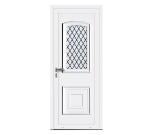 Porte d'entrée blanche moulurée avec grille sérigraphiée | Menuiseries Bouvet