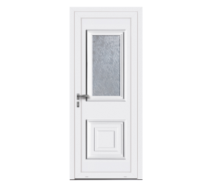 Porte d'entrée blanche avec surface vitrée et détails moulurés | Menuiseries Bouvet