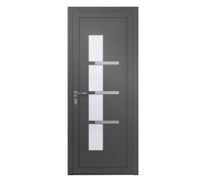 Porte d'entrée grise avec décor inox et partie vitrée | Menuiseries Bouvet